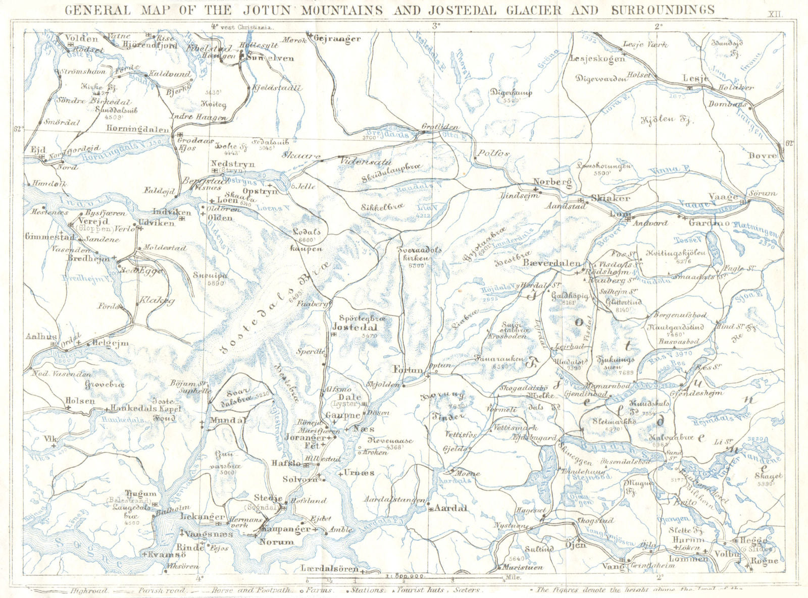 Jotunheimen mountains & Jostedal Glacier Jostedalsbreen 1896 old antique map